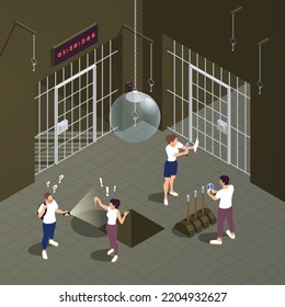 Escape room quiz concept with people solving puzzles to open quest doors isometric vector illustration