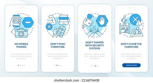 Escape room restrictions blue onboarding mobile app screen. No camera walkthrough 4 steps graphic instructions pages with linear concepts. UI, UX, GUI template. Myriad Pro-Bold, Regular fonts used
