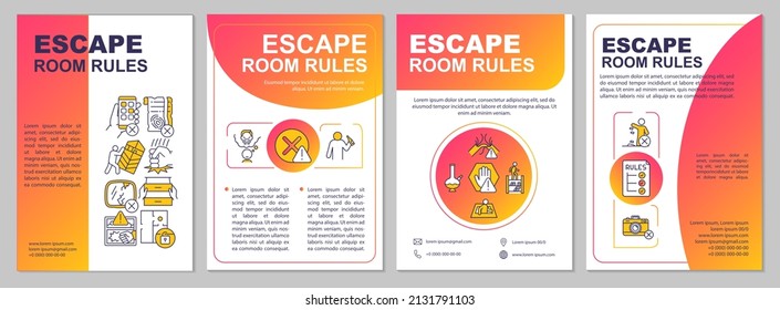 Escape room safety regulations red gradient brochure template. Leaflet design with linear icons. 4 vector layouts for presentation, annual reports. Arial, Myriad Pro-Regular fonts used