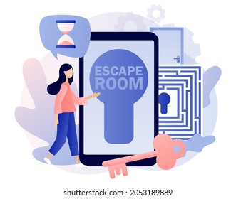 Escape room smartphone app. Quest room. Tiny people trying to solve puzzles, find key, gettout of trap, finding conundrum solution. Exit maze. Modern flat cartoon style. Vector illustration