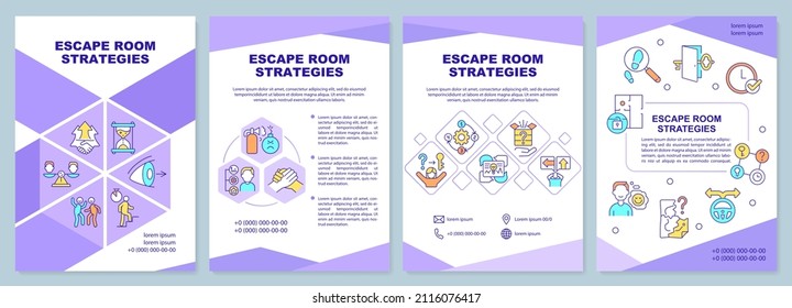 Escape room strategies purple brochure template. Solving hard riddles. Leaflet design with linear icons. 4 vector layouts for presentation, annual reports. Arial-Black, Myriad Pro-Regular fonts used