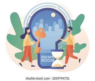 Escape room. Tiny people trying to solve puzzles, find key, gettout of trap, finding conundrum solution. Quest room. Exit maze. Modern flat cartoon style. Vector illustration on white background