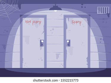 Escape room with two doors flat vector illustrations set. Thematic quest room interior. Searching solution, solving mysteries. Modern entertainment. Difficult decision, important choice. Logic game