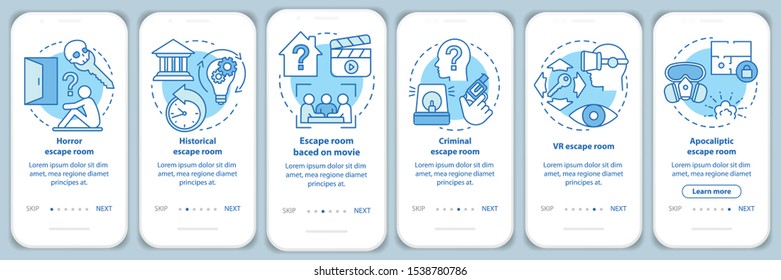 Escape room types turquoise onboarding mobile app page screen with linear concepts. Quest game categories. Walkthrough graphic instructions. UX, UI, GUI vector template with illustrations