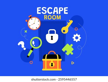 Escape Room Vector Illustration featuring People Solving Puzzles, Searching for Keys, Escaping Traps, and Finding Solutions to Challenging Questions