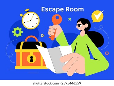 Escape Room Vector Illustration featuring People Solving Puzzles, Searching for Keys, Escaping Traps, and Finding Solutions to Challenging Questions