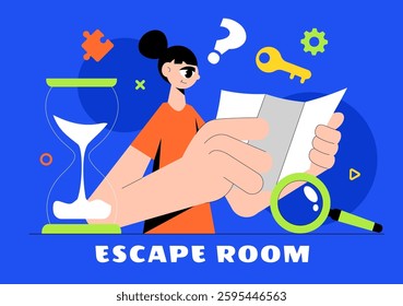 Escape Room Vector Illustration featuring People Solving Puzzles, Searching for Keys, Escaping Traps, and Finding Solutions to Challenging Questions