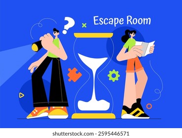 Escape Room Vector Illustration featuring People Solving Puzzles, Searching for Keys, Escaping Traps, and Finding Solutions to Challenging Questions