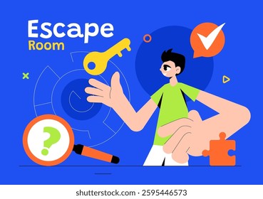 Escape Room Vector Illustration featuring People Solving Puzzles, Searching for Keys, Escaping Traps, and Finding Solutions to Challenging Questions