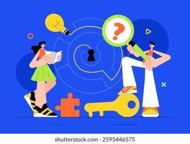 Escape Room Vector Illustration featuring People Solving Puzzles, Searching for Keys, Escaping Traps, and Finding Solutions to Challenging Questions