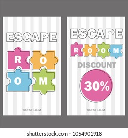 Escape room. Vector illustration poster, banner on white background puzzle colored pieces voucher templates or invitation