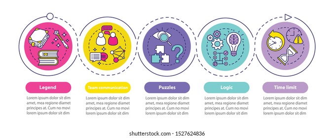 Escape room vector infographic template. Quest game. Business presentation design elements. Data visualization with five steps and options. Process timeline chart. Workflow layout with linear icons