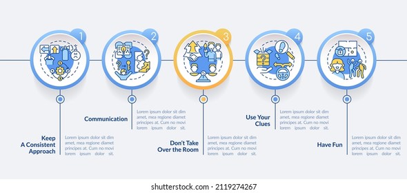 Escape room winning approaches circle infographic template. Communication. Data visualization with 5 steps. Process timeline info chart. Workflow layout with line icons. Lato-Bold, Regular fonts used