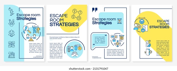 Escape room winning strategies blue and yellow brochure template. Solve riddles. Leaflet design with linear icons. 4 vector layouts for presentation, annual reports. Questrial, Lato-Regular fonts used