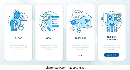 Escape rooms components blue onboarding mobile app screen. Time limit walkthrough 4 steps graphic instructions pages with linear concepts. UI, UX, GUI template. Myriad Pro-Bold, Regular fonts used