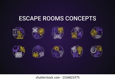 Escape rooms neon light concept icons set  Quest different themes  types idea  Strategy logical game collection  Puzzles   riddles solving pack  Glowing vector isolated illustration