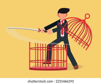 Escape from routine comfort zone, businessman uses a sword to cut an aviary. businessman becomes free