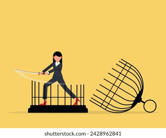 Escape from routine comfort zone. Businesswoman cut the cage with a sword.