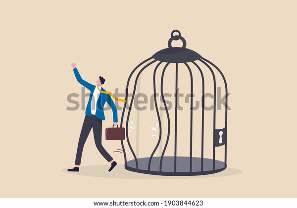 Escape from\
routine comfort zone, change to experience new challenge or break\
free for freedom concept, strong ambitious businessman bended the\
bar and escape from bird cage\
trap.