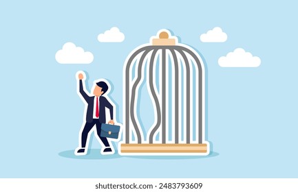 Escape the routine comfort zone to experience new challenges and embrace freedom, concept of A strong, ambitious businessman bends the bars and escapes from a birdcage trap