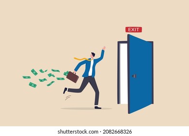 Escape or run away before market drop, market timing to sell and get profit, exit with money to avoid financial crisis concept, success businessman investor run away with his profit money to exit door svg