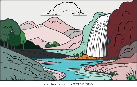 Escape to a serene mountain landscape with a vibrant waterfall cascading into a tranquil lake, surrounded by lush greenery and majestic pink mountains. This stunning illustration evokes feelings of peace and relaxation, perfect for inspiring creativity or promoting travel and tourism. The beautiful, colorful scene is ideal for use in various projects, from marketing materials to editorial content.