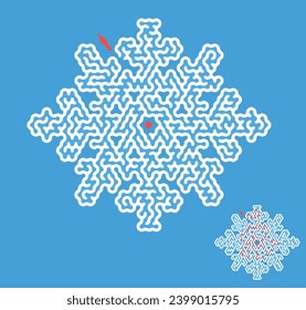 Escapar del juego del laberinto de copos de nieve. Rompecabezas de dificultad media. Creativo laberinto plano de Navidad relacionado con heladas, invierno, año nuevo, temperatura fría. Estilo vectorial simple.