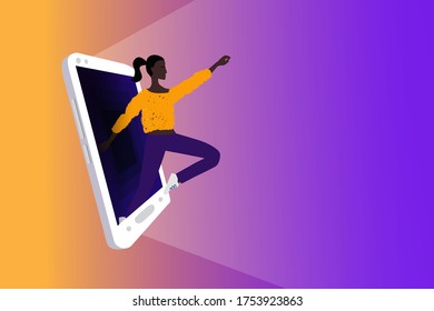 Escape from social media addiction. girl runs out of the smartphone screen. Digital detox, concept