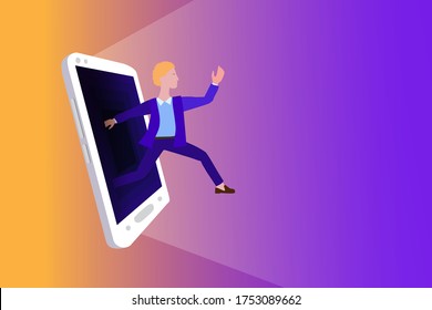Escape from social media addiction. guy runs out of the smartphone screen. Digital detox, concept