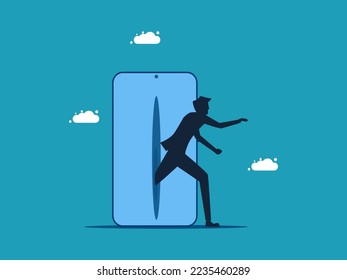 Escape the social world. Businessman running away from mobile phone