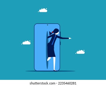 Escape the social world. Businesswoman running away from mobile phone vector