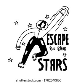 Escape to the stars. Space coloring page. Space illustration. Space travel illustration for banner, poster, greeting card, party invitation. Vector image, clipart, editable details. Astronaut girl.