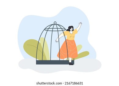 Escape of tiny woman from cage. Female victim feeling freedom, leaving birdcage through open door flat vector illustration. Psychology, health concept for banner, website design or landing web page