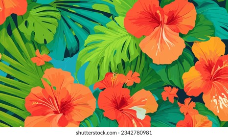 Escape al vibrante Paraíso Tropical con flores de hibisco, hojas de palma sobre fondo brillante. Ideal para viajes, impresiones, decoración. Editable-Personalizable.