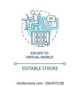 Escape to virtual world blue concept icon. Virtual reality abstract idea thin line illustration. Gadget addiction. Happiness mindset obstacle. Vector isolated outline color drawing. Editable stroke