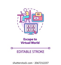 Escape to virtual world concept icon. Virtual reality abstract idea thin line illustration. Gadget addiction. Happiness mindset obstacle. Vector isolated outline color drawing. Editable stroke