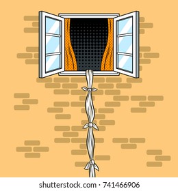 Escape from window pop art retro vector illustration. Escape using rope from sheets. Comic book style imitation.