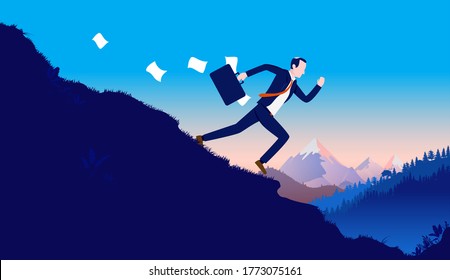 Escape work - Businessman running away from office down hill in high speed. Escaping problems, downhill business and avoiding problems concept. Vector illustration. 