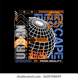 escape worldwide urban streetwear design with grunge textures and fire elements. perfect for t-shirts, hoodies, and posters – vector illustration
