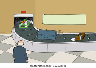 Escaped cat and damaged luggage in baggage claim