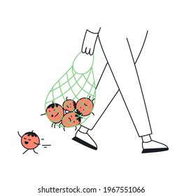 Escaped tomato. Market trip for products, the call for freedom, cunning, ingenuity, and resourcefulness concept. Thin line cute funny vector illustration on white.