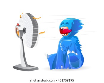 escapes from the heat with a fan. cartoon cute monster. isolated on white vector background 