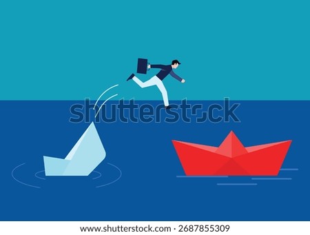 Escaping failure or a job change is depicted by someone jumping from a sinking boat.