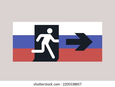 Escaping from the military mobilization in Russia, an image stylized as an emergency exit sign, a character running through a doorway