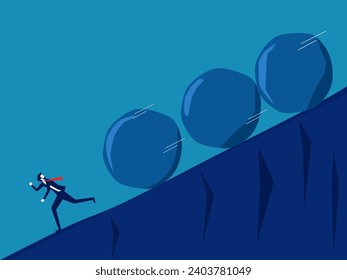 Escaping problems. Businessman running away from crisis rocks. vector 