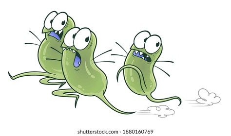 Escaping scared cartoon three bacteria. Cartoon bacteria series. 