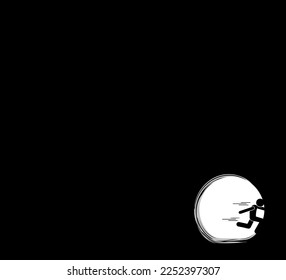 escaping stick figure in a white circle on dark background