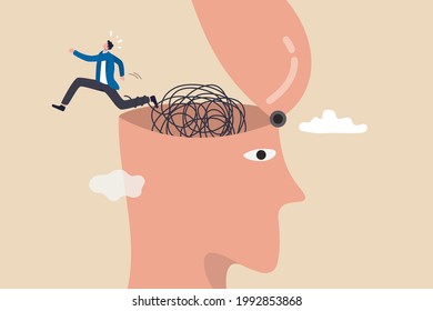 Escapism, escape from depressed mind impacted by COVID-19 pandemic, exit or leave depression, anxiety or stressed lockdown concept, man run away escape from mess tangled line brain on his open head.