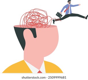 Escapism, escape from depressed mind impacted by COVID-19 pandemic, exit or leave depression, anxiety or stressed lockdown concept, man run away escape from mess tangled line brain on his open head.

