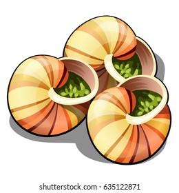 Escargot, A Delicious French Dish Of Snails Isolated On White Background. Vector Cartoon Close-up Illustration.